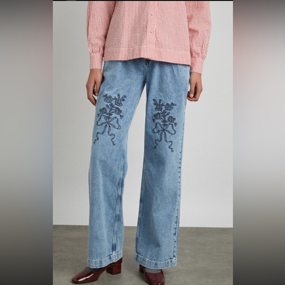 Damson Madder Denim - NWT Damson Madder Babysitter Embroidered Bow Jeans Size UK 10 US 6